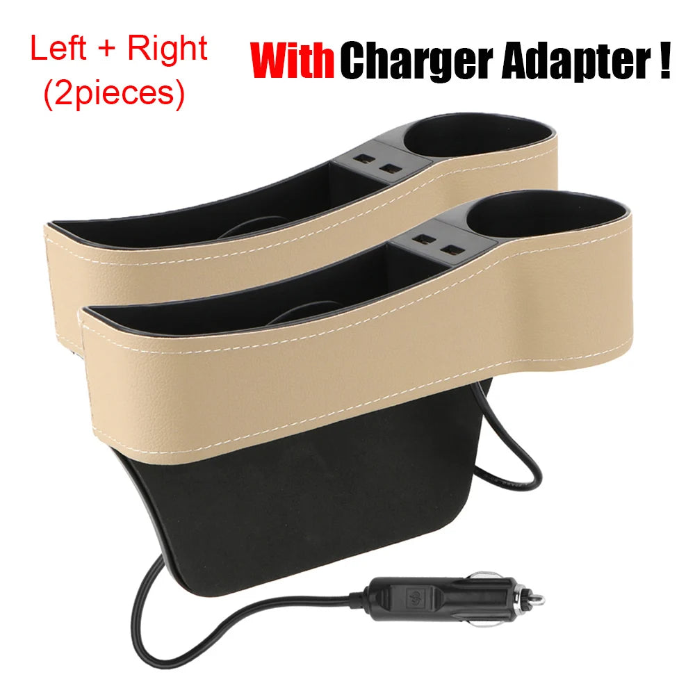 Car Organizer Auto Crevice Pocket Phone Bottle Cups Holder Seat Gap Leather Storage Box Car Accessories,USB Chargers Optional