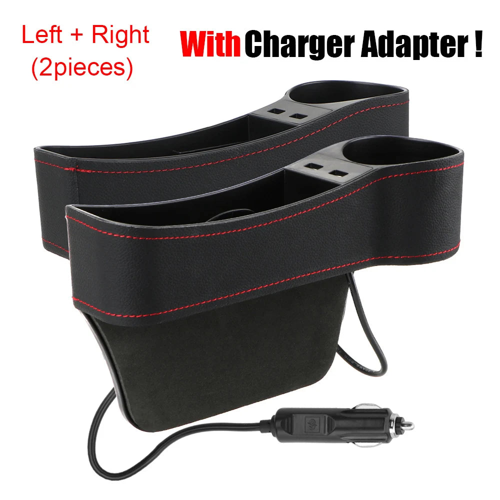 Car Organizer Auto Crevice Pocket Phone Bottle Cups Holder Seat Gap Leather Storage Box Car Accessories,USB Chargers Optional